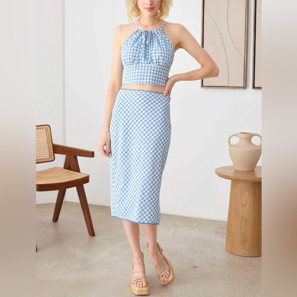 Le Lis Blue Plaid Halter Top and Lace Trim Midi Skirt with Side Slit Set - Picture 7 of 12